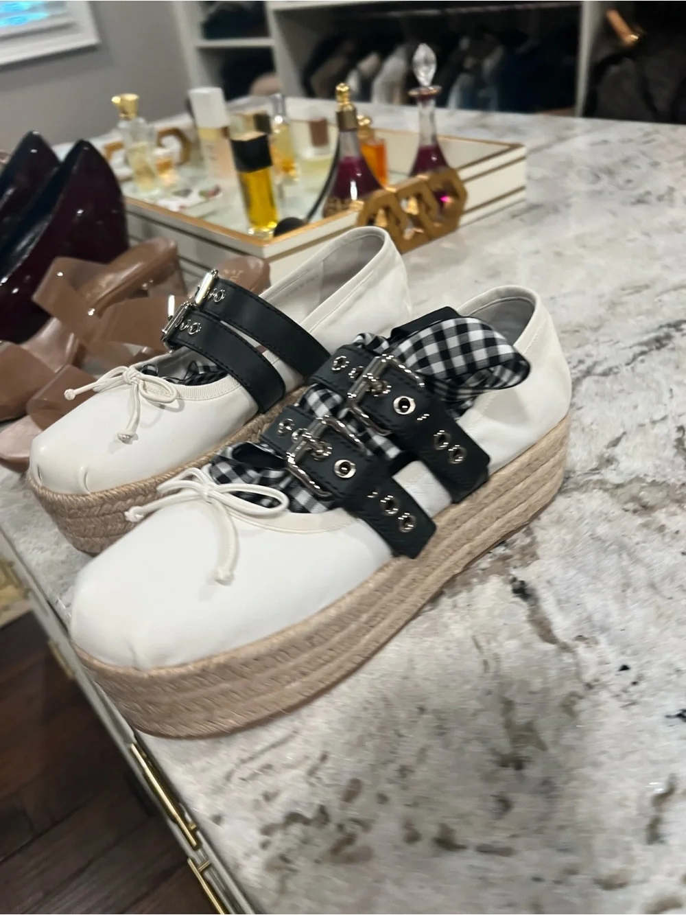 Miu Miu White Espadrille Platform Sneakers with Black Straps and Gingham
